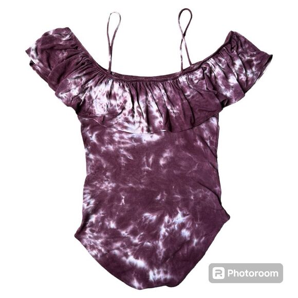 •American Eagle Tie-Dye Off-Shoulder Ruffle Bodysuit M Red Cropped Snap Closure - Picture 5 of 5